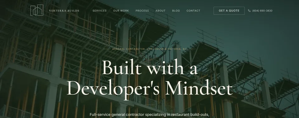 Verterra Builds website built by SyncSpark, scoring straight A's across SEO, AEO, CRO, and Performance